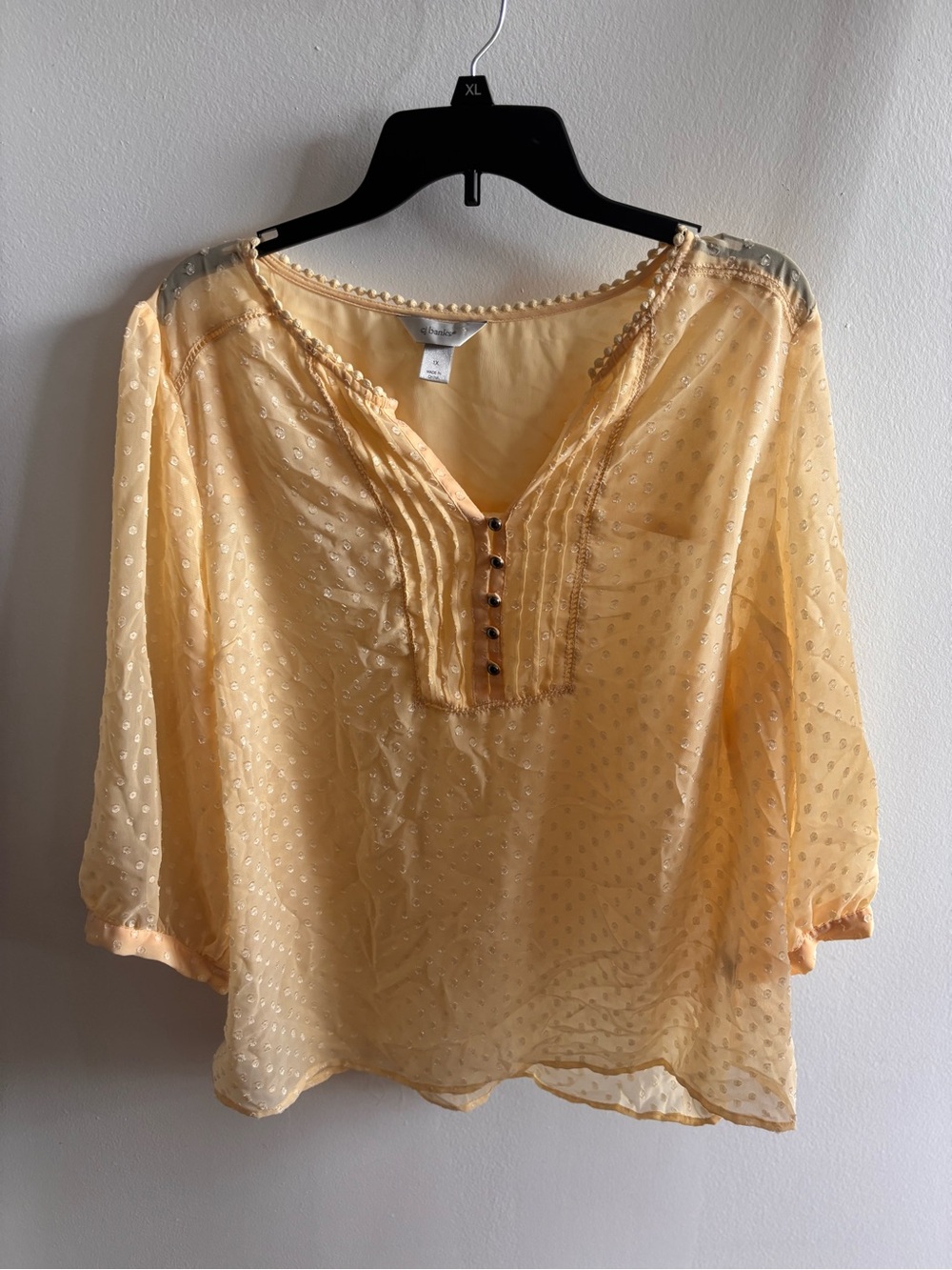 CJ Banks Pale Yellow Sheer Dotted Peasant Blouse